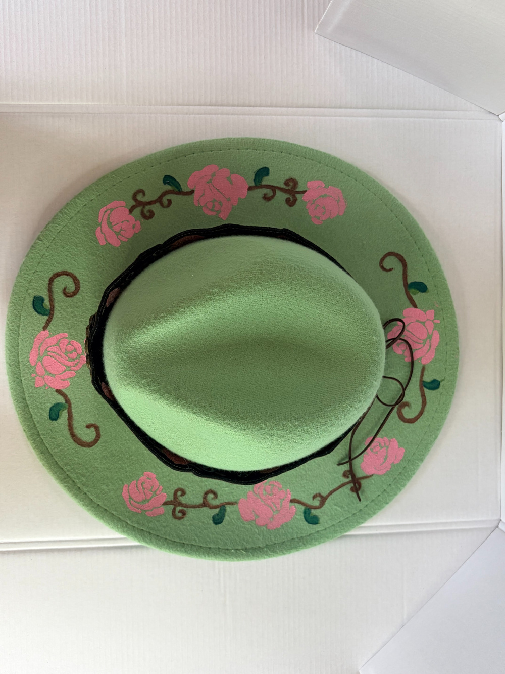 Green Floral Felt Hat Size 57 Cm Boho Western